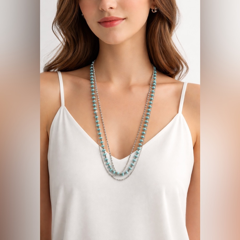 Turquoise Multi-strand Boho Necklace Silver Toned Chains 28”